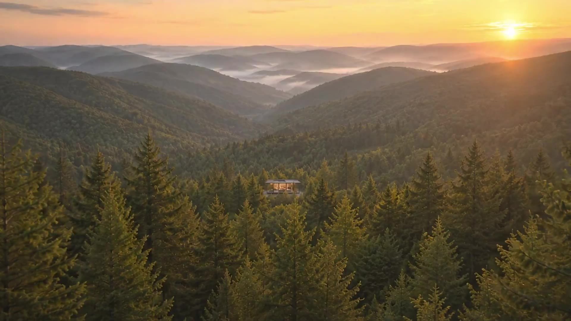 A glass studio at sunrise in the Blue Ridge mountains